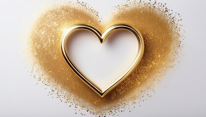 Fototapeta premium A luxurious golden foil heart frame with subtle sparkling highlights, set against a clean white background—perfect for elegant, romantic, and celebratory designs, adding a touch of glamour and warmth.