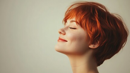 Fototapeta premium Beautiful Young Woman Red Hair Short Pixie Cut Portrait Natural Light Soft Skin Freckles Gentle Smile Peaceful Serene Relaxed Calm Happy Contentment 