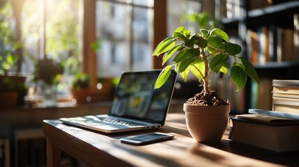 Bright workspace featuring a laptop and a thriving plant in a sunlit room on a serene afternoon