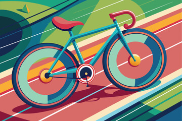 Fototapeta premium A vibrant illustration showcases a custom track cycling bike on a stylized racing track with vivid colors, Track cycling Customizable Disproportionate Illustration