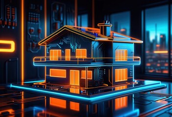  Glowing orange wireframe house floats above a blue circuit board, symbolizing smart home tech and digital real estate innovation. Concept of: smart home automation and real estate tech firms