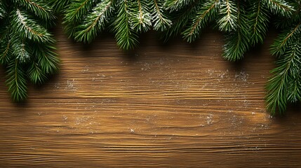 Snowy Pine Branches Frame Wooden Background
