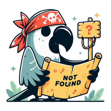 Pirate parrot with treasure map and "Not Found" message in adventure vector illustration. Perfect for gaming websites and quest app error pages.