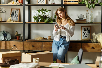 Young woman promotes sustainability by sorting and donating clothes for a better future