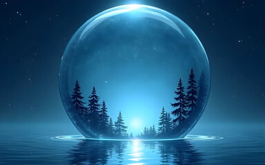Crystal ball reflecting a winter forest at night under starry sky