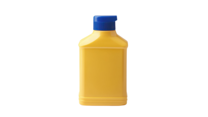 Bright yellow condiment bottle with a blue cap sitting on a plain background