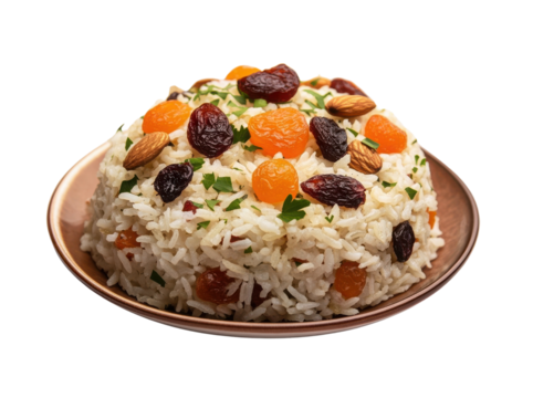 Aromatic rice pilaf with dried fruits and nuts isolated on a transparent background for a flavorful and inviting culinary presentation