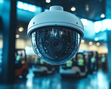 Dome camera monitoring warehouse, blue, modern