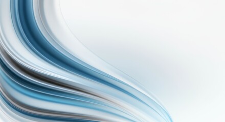 A fluid, abstract design with smooth, flowing lines fills the image, featuring shades of blue and gray on a white background