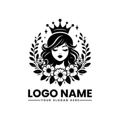 Elegant girl wearing a crown surrounded by flowers, royal feminine emblem design for beauty, fashion, and luxury branding