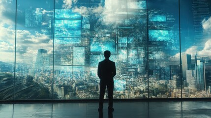 Silhouette of a Businessman Contemplating Futuristic Cityscape and Digital Data Streams Through a Panoramic Window