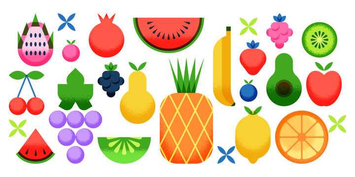 Tropical fruits and berries vector flat geometric illustration. Pineapple, watermelon, grape, avocado, strawberry icons