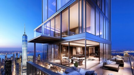 Fototapeta premium Luxury Penthouse with Stunning NYC Skyline Views at Dusk