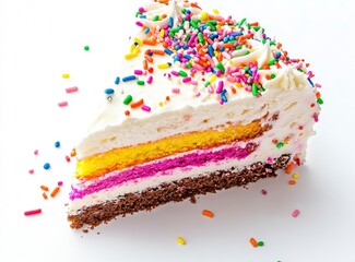 Delicious Rainbow Cake Slice with Sprinkles on White Background