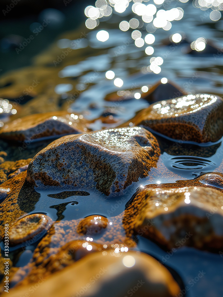 Poster Intricate Patterns And Vibrant Colors Of River Rocks Are Highlighted Beneath The Surface Of Shallow Water By Capturing Their Interplay With Light.