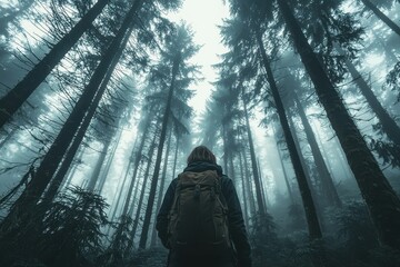 Self-Portrait of a Traveler Standing in a Foggy Forest A mysterious, moody shot of a lone traveler standing in the middle of a dense, fog-covered forest.