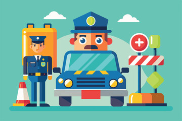 A police officer stands next to a car at a checkpoint, illustrating traffic violations and fines, Traffic fine Customizable Disproportionate Illustration