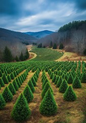 Naklejka premium Rows of Christmas Trees Growing in Farm Field Under Cloudy Sky
