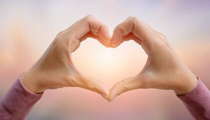 Fototapeta premium A mother’s loving hands forming a heart shape, gently blended into a warm pastel gradient, symbolizing love, care, and tenderness, perfect for heartfelt celebrations like Mother’s Day. 