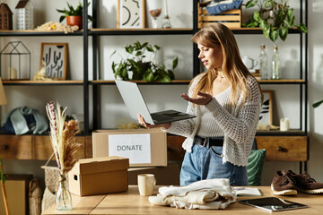Young woman engaged in sustainable living while sorting and donating clothes