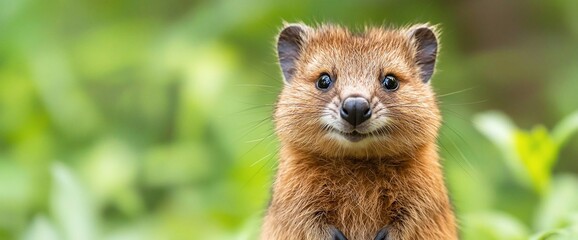 Fototapeta premium Adorable quokka posing in lush green foliage.