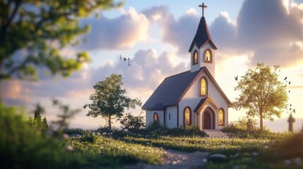 Fototapeta premium Church on Hillside at Sunset with Birds Flying in Peaceful Setting