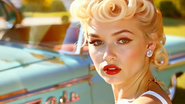 Hollywood nostalgia: vintage glamour, retro elegance, cinematic beauty, timeless allure, mid-century charm, graceful actress, golden age, enchanting gaze, bygone sophistication, silver screen icon.