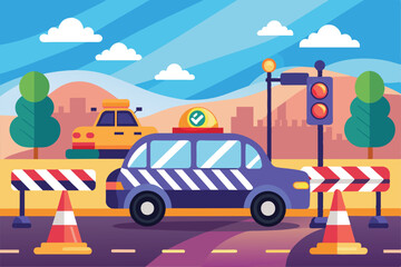 Naklejka premium A colorful scene displays a police car near road barriers and traffic signals in an urban environment, Traffic fine Customizable Semi Flat Illustration