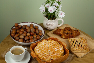 Homemade pastries. Waffle with coffee. Homemade dessert