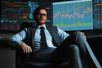 Accountant sits confidently in an office chair surrounded by large screens displaying various financial charts. The atmosphere reflects a professional workspace focused on data analysis