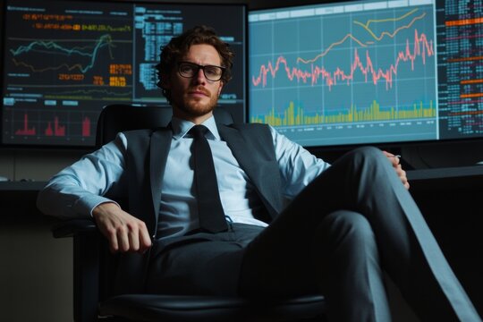 Accountant sits confidently in an office chair surrounded by large screens displaying various financial charts. The atmosphere reflects a professional workspace focused on data analysis