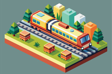 Fototapeta premium A colorful isometric train travels through a green landscape with trees and geometric buildings nearby, Train Customizable Isometric Illustration