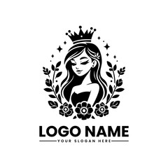Vintage-style elegant girl with crown and flowers, ornate royal feminine emblem for luxury beauty and fashion branding
