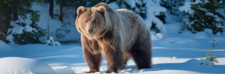 Fototapeta premium A grizzly bear standing against the backdrop of an untouched, snow-covered forest landscape. The evergreen forest is depicted in the background. A banner with space for the text.