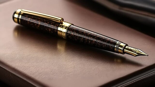 Elegant fountain pen resting on a luxurious leather notebook, with a blurred background