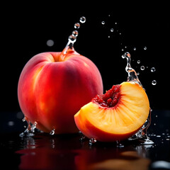 A ripe peach with splashes of water around it on a reflective surface on a dark background