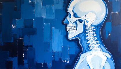 Artistic blue skeleton illustration with abstract background