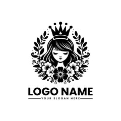 Minimalist royal feminine logo, elegant girl with floral crown vector illustration for luxury branding