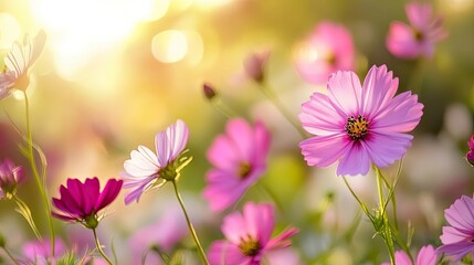 Pink Cosmos Flowers Blooming in a Field Bathed in Golden Sunlight