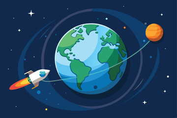 A rocket is depicted traveling away from Earth, showcasing the trajectory towards an outer planet, Trajectory of the Earth's satellite, the Moon