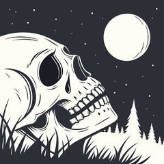 Spooky Skull with Moonlit Background – Intricate Vector Illustration