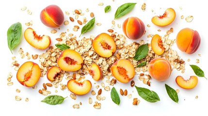 Breakfast with muesli peach salad fresh peaches