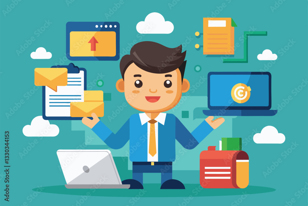 Poster a cartoon character is efficiently managing file transfers using computers and documents in a vibran