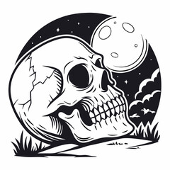 Spooky Skull with Moonlit Background – Intricate Vector Illustration
