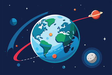 Naklejka premium An illustration showing the Earth, the Moon, and satellite paths in a vibrant cosmic setting, Trajectory of the Earth's satellite, the Moon