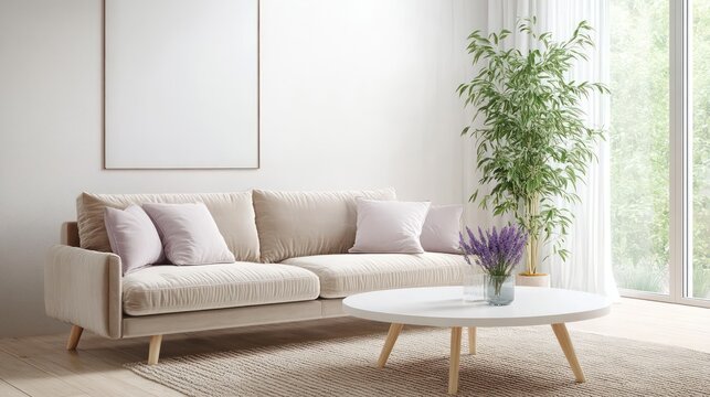 A modern living room with a soft beige velvet sofa, a minimalist white coffee table, and pastel lavender accents