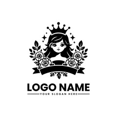 Minimalist royal feminine logo, elegant girl with floral crown vector illustration for luxury branding