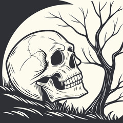 Spooky Skull with Moonlit Background – Intricate Vector Illustration