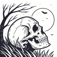 Spooky Skull with Moonlit Background – Intricate Vector Illustration