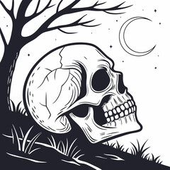 Spooky Skull with Moonlit Background – Intricate Vector Illustration